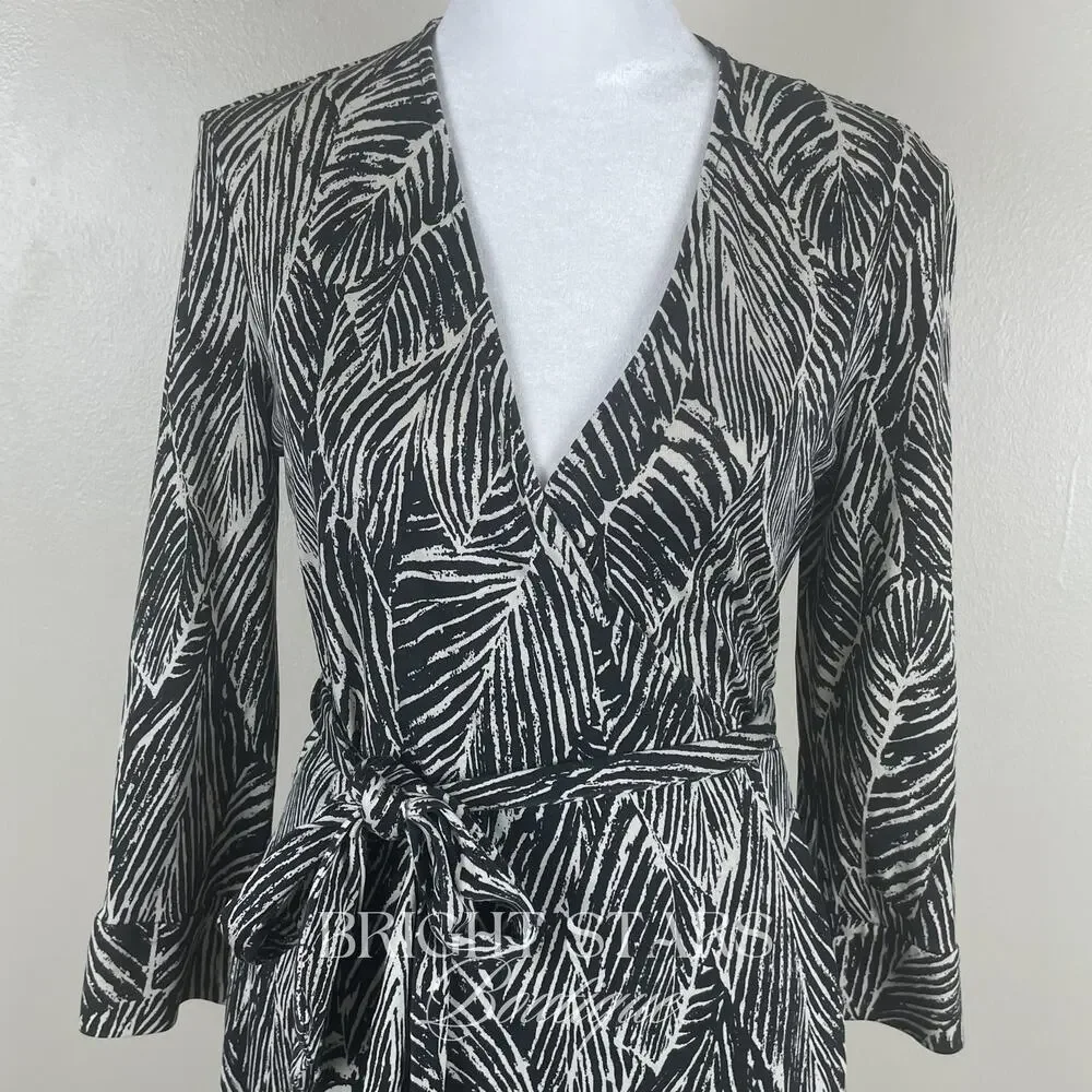 Rare Vintage Silk Wrap Dress B&W Leaf Print As Seen On Lorelai Gilmore Girls - Picture 7 of 11